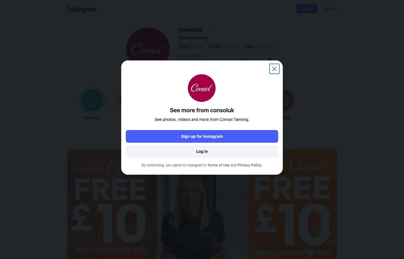 Consol Tanning Instagram profile showing content created by Lana Barry